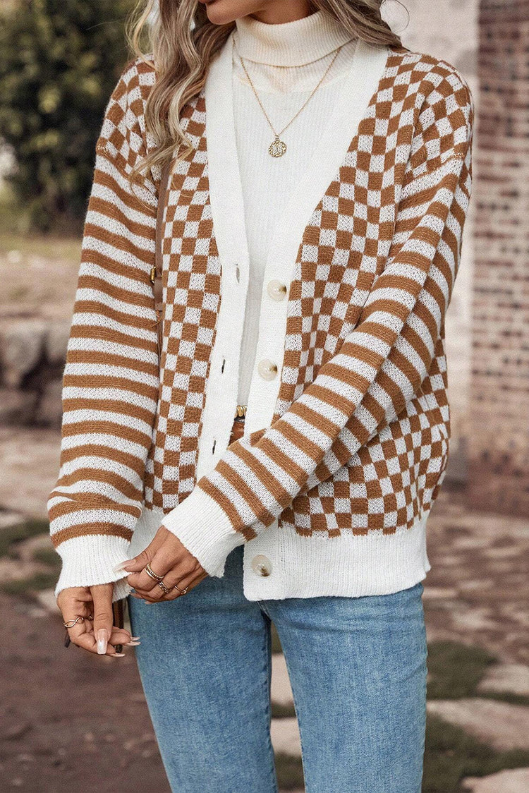 front view of a brown checkered long-sleeve cardigan from Catherine Martin store in Australia, perfect for cozy and stylish layering.