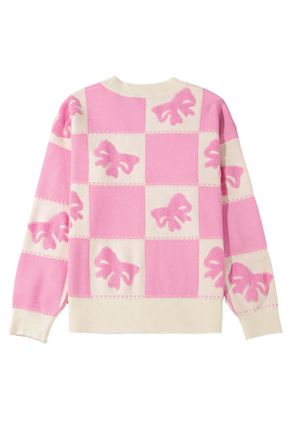 Trendy pink knit cardigan with a checkered pattern and comfortable fit, perfect for layering.