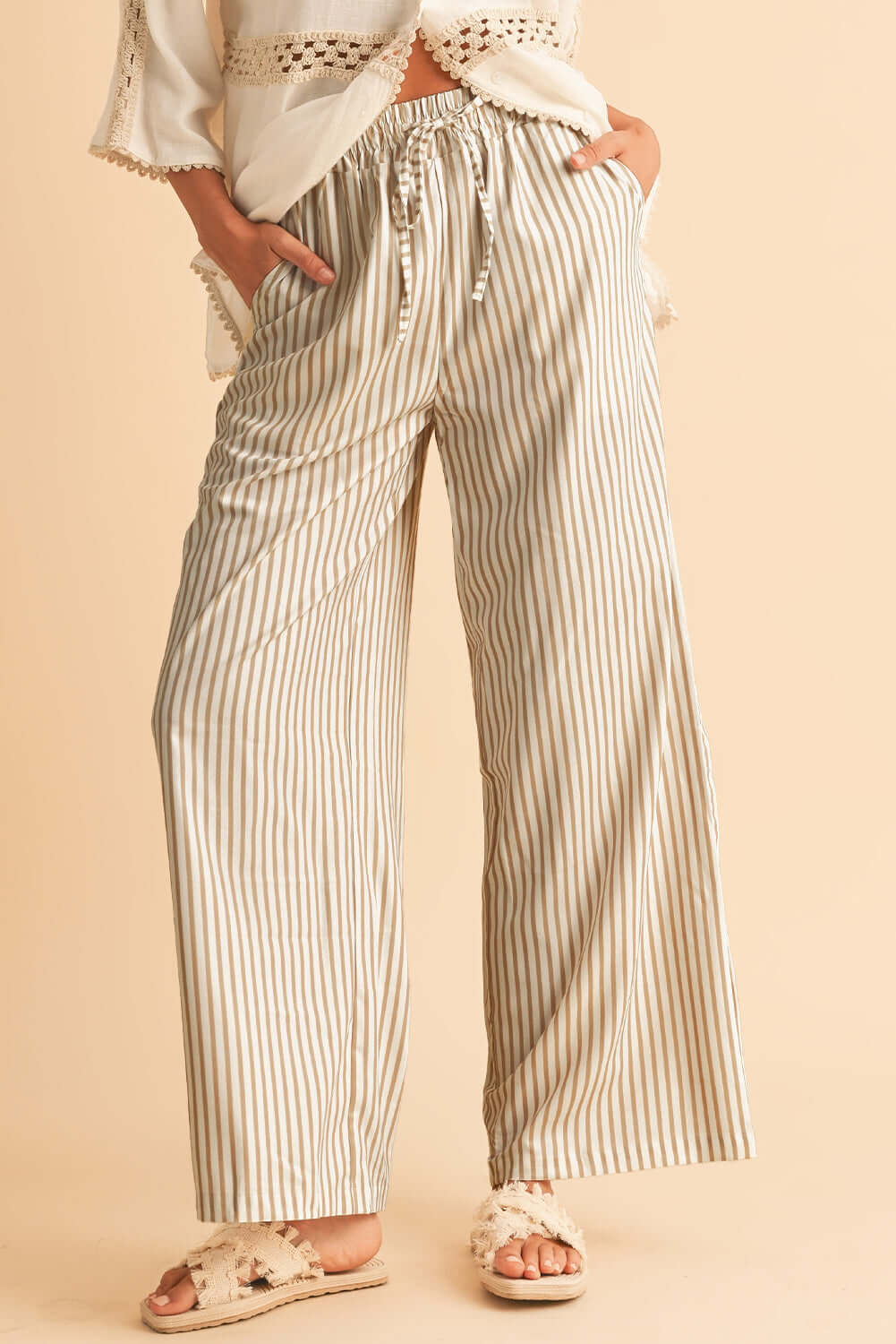Khaki Striped Drawstring Waist Loose Pants - Catherine Martin