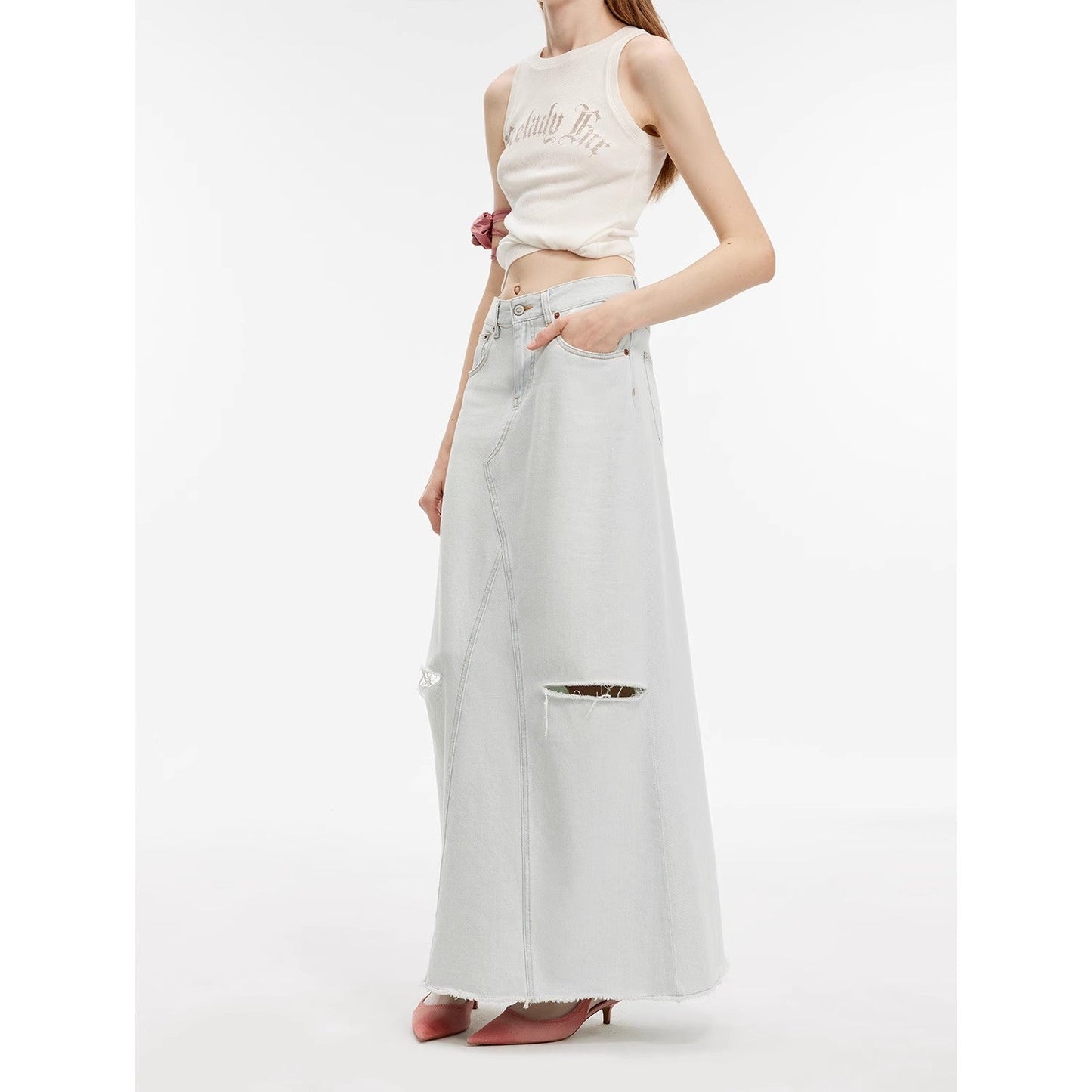 Firelady Fur Wash-faded Distressed Hole Denim A-line Skirt-0