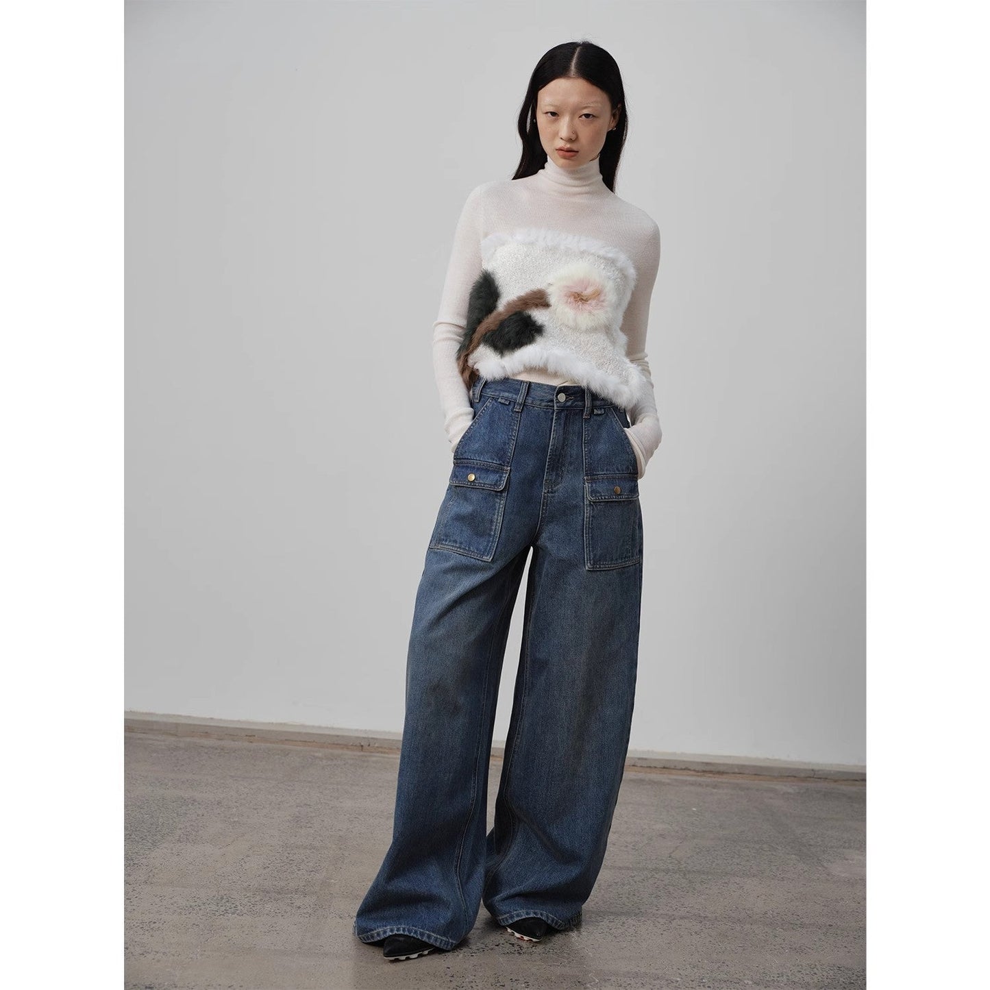 Firelady Fur Washed Vintage Blue Straight-leg Jeans for Women-1