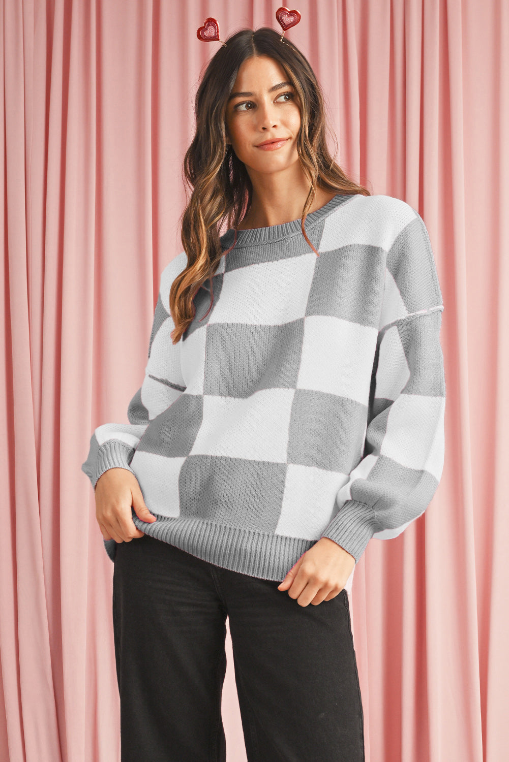 Women's Casual Check Knitted Jumper - Gray. Front view.