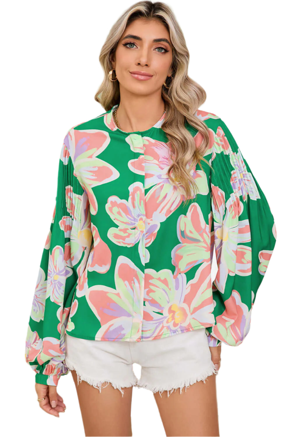 The front view of green floral blouse, featuring pleated long sleeve, round neck and front button details.