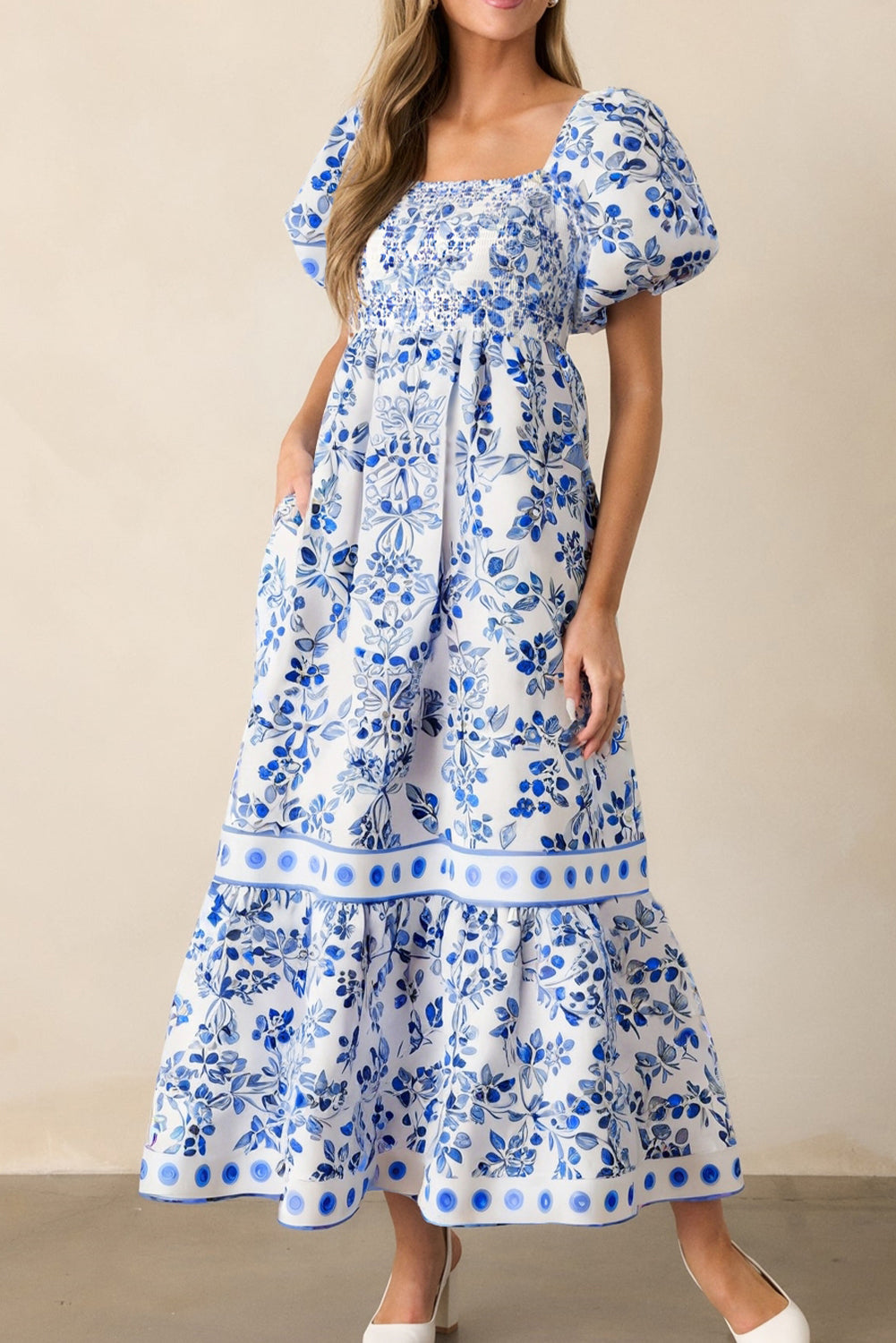 Elegant Floral Puff Sleeve Dress. Front view