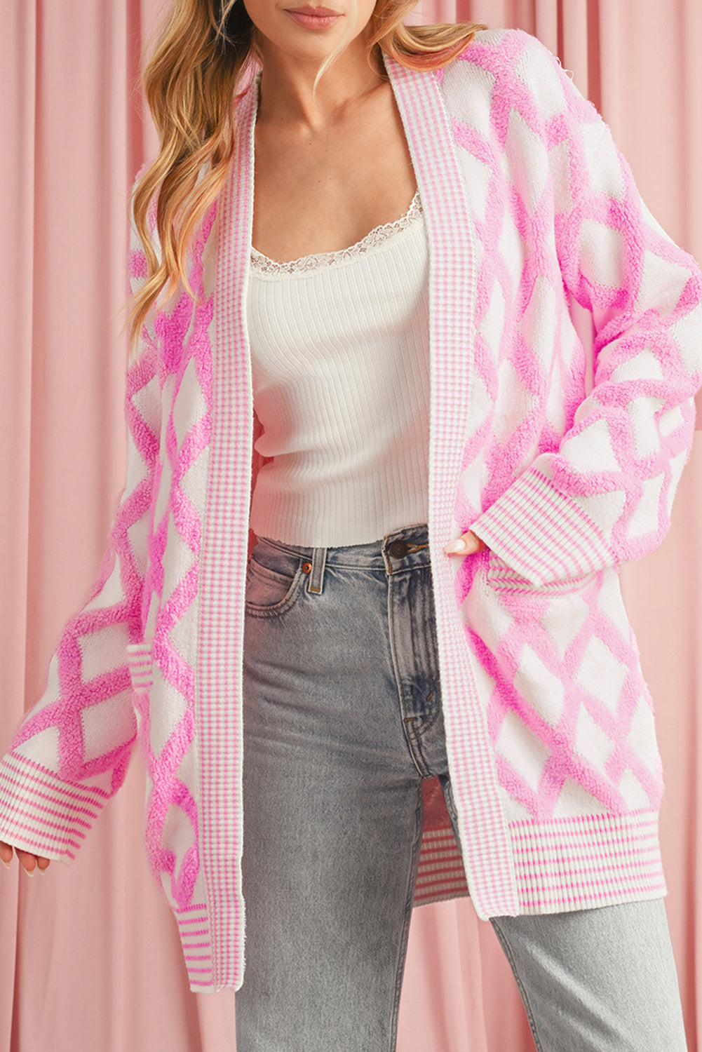 Women's Pink Check Longline Knit Cardigan - Catherine Martin