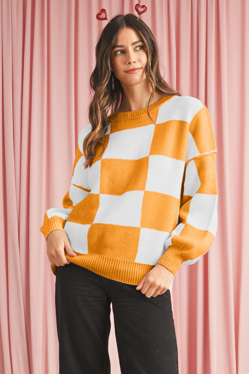 Women's Casual Check Knitted Jumper - Orange