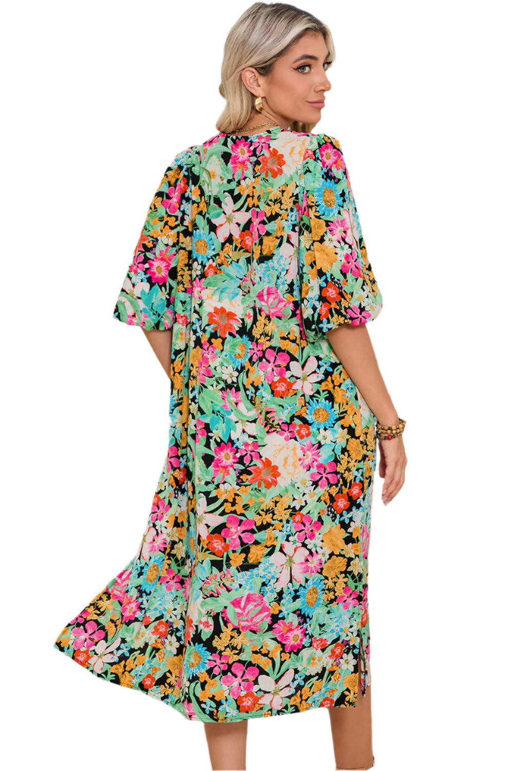 Green Floral Midi Dress Puff Sleeves - Catherine Martin