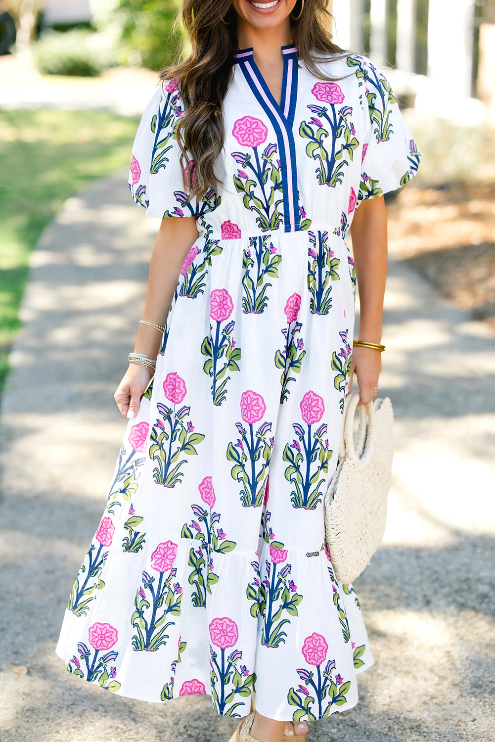 Sky Blue Floral Ruffle Midi Dress - white colour, front closed up view.