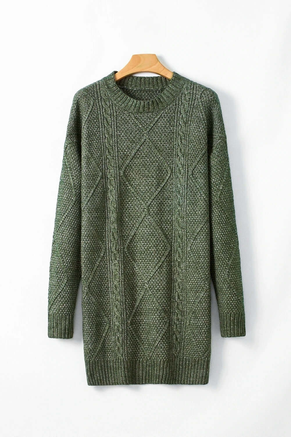 Women's Green Cable Knit Jumper Dress on the hanger. Front view.