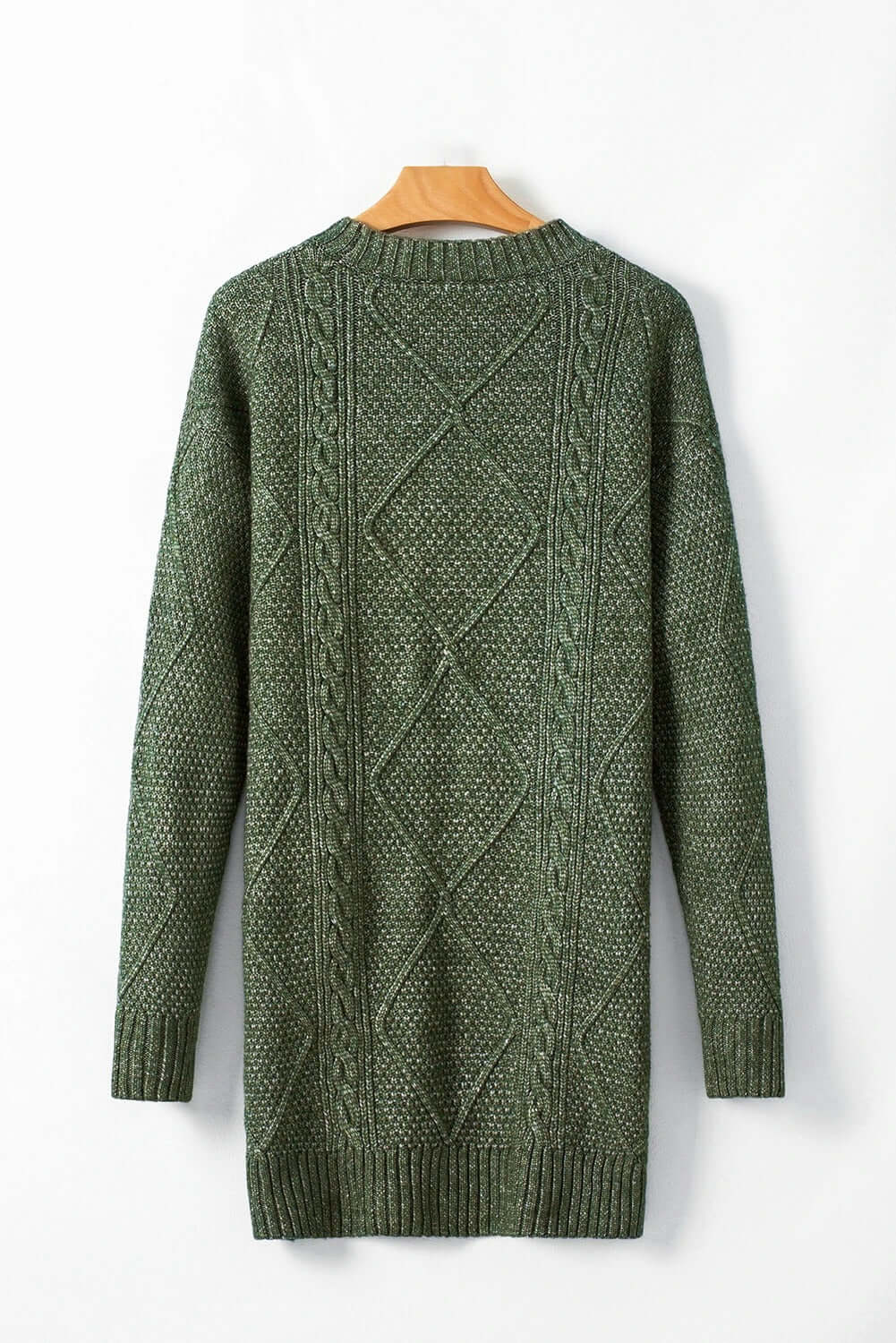 Women's Green Cable Knit Jumper Dress on the hanger. Back view.