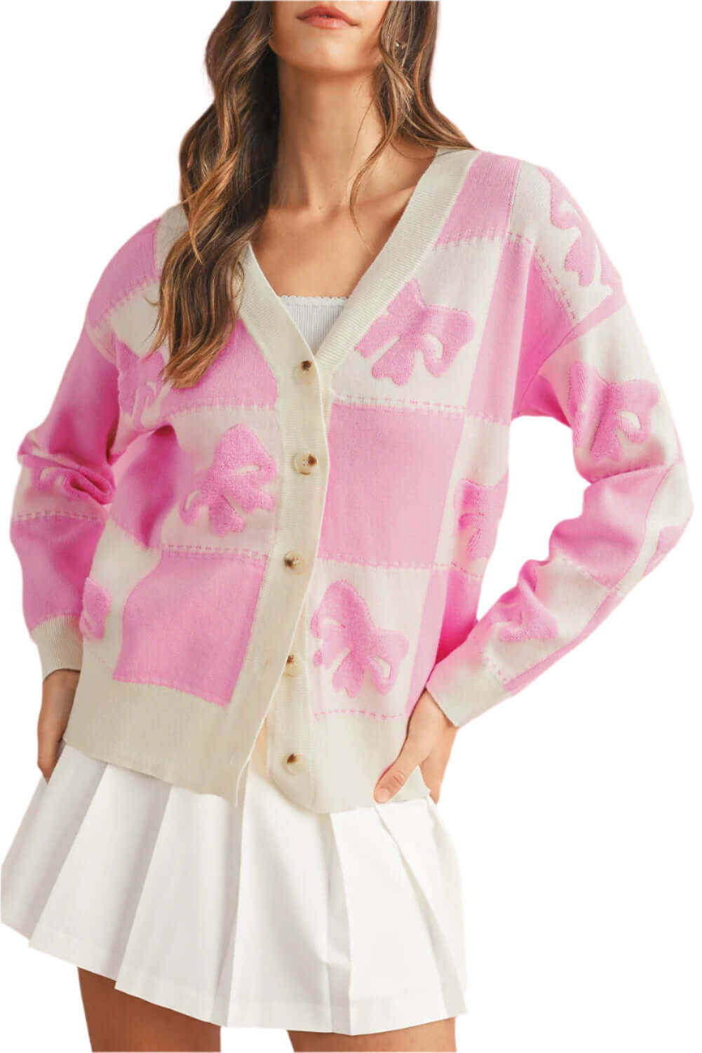 Relaxed fit pink knit cardigan styled for casual and cosy wear.