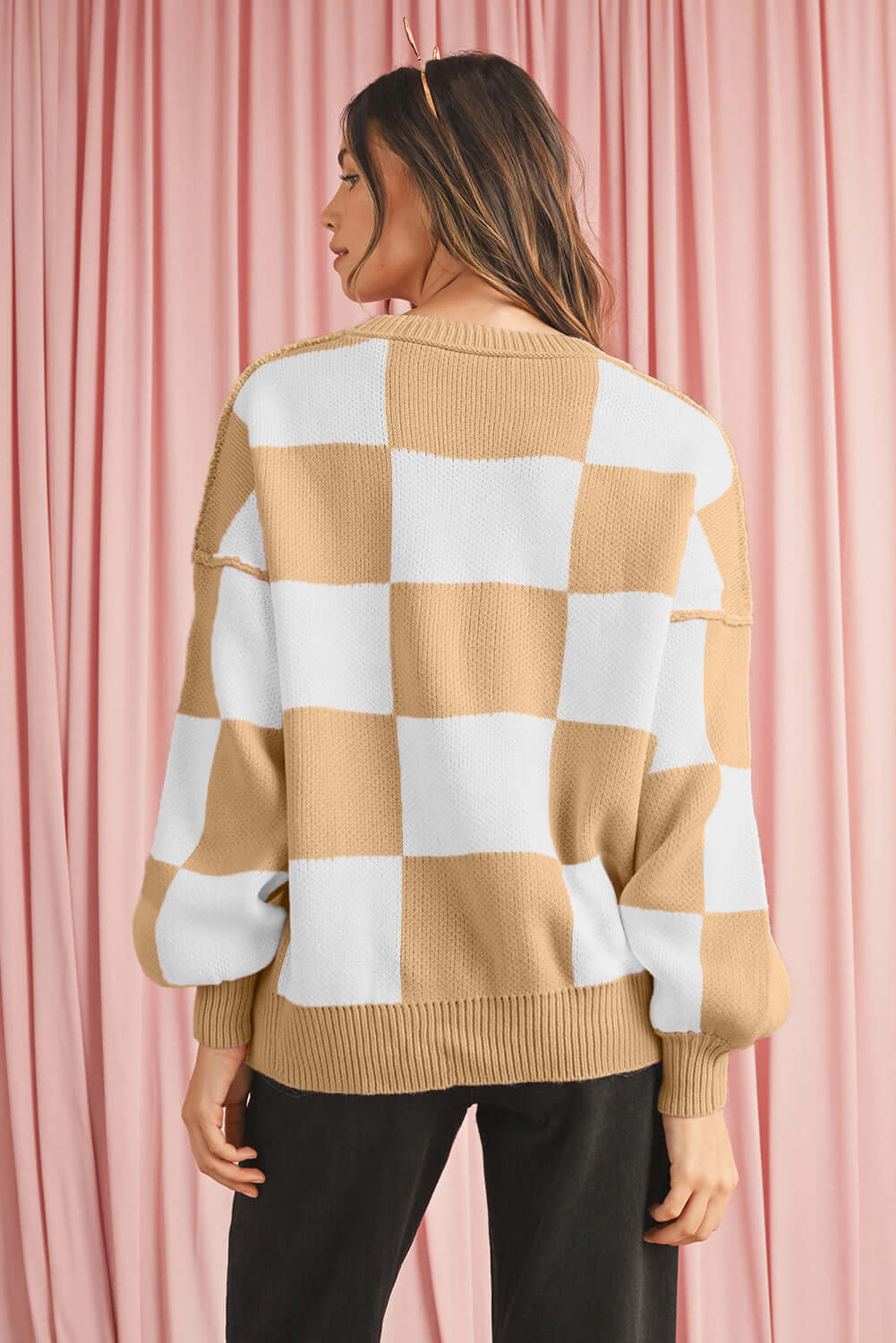 Women's Casual Check Knitted Jumper - Khaki. Back view.