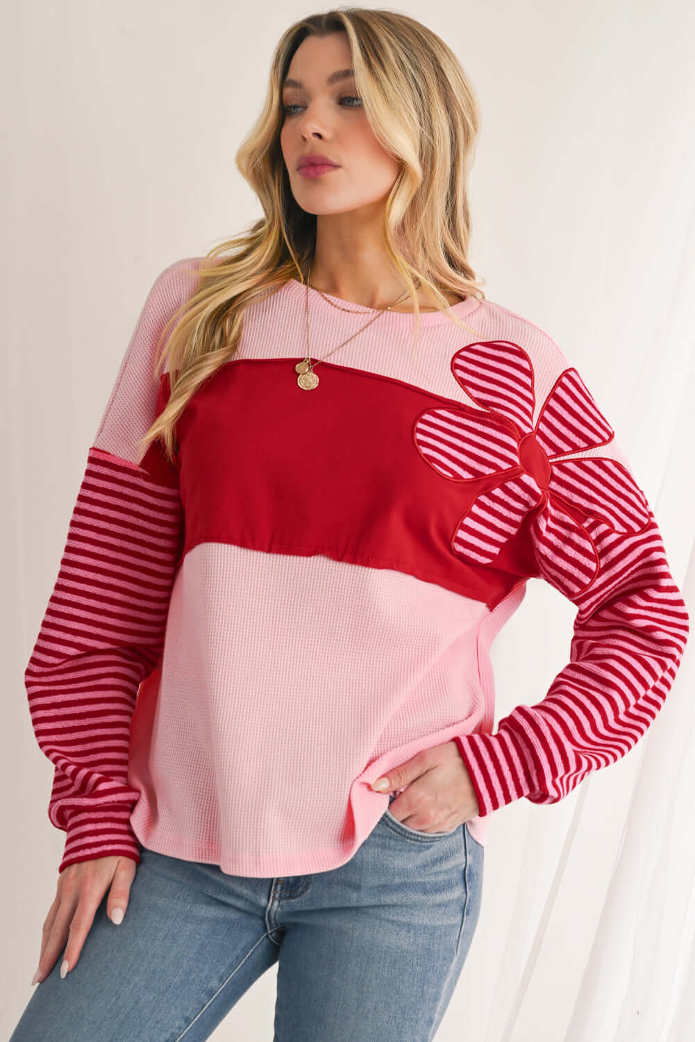Red Pink Waffle Top with Flower Details - Catherine Martin
