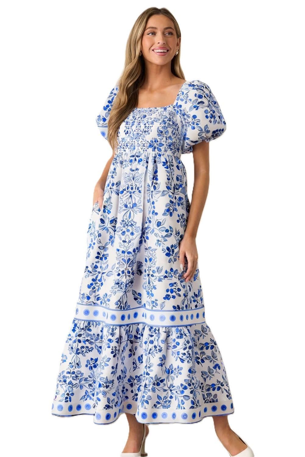 Full-length image of an elegant blue floral maxi dress perfect for summer occasions.