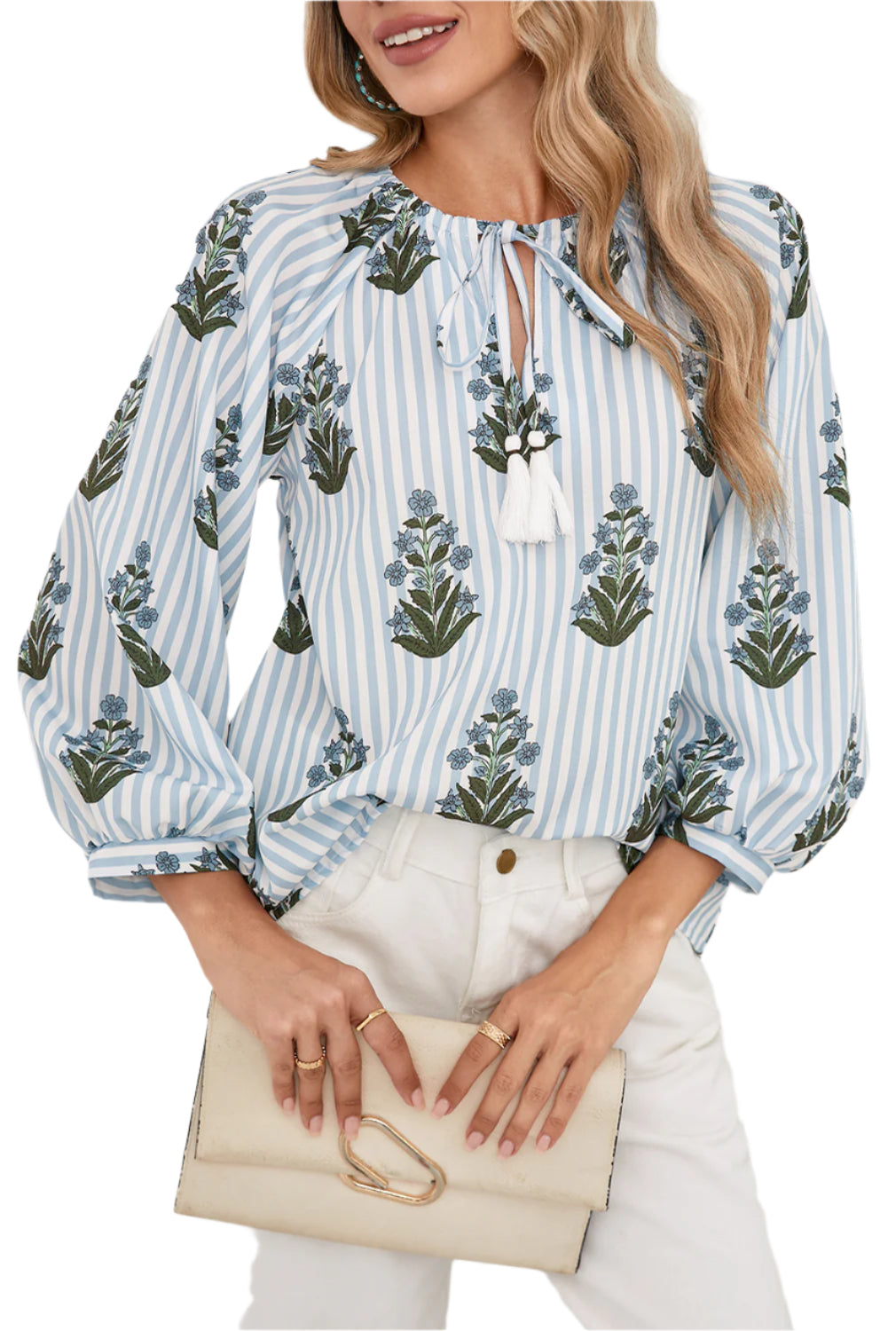 Front view of a blue floral striped blouse with long sleeves, perfect for spring and summer, worn by a model showcasing a boho-chic style.