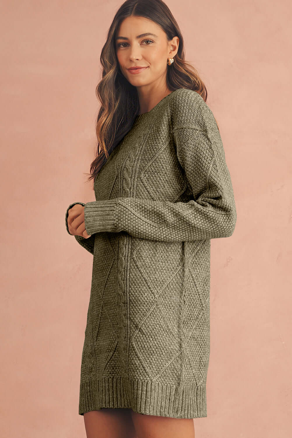 Women's Green Cable Knit Jumper Dress . Side view.