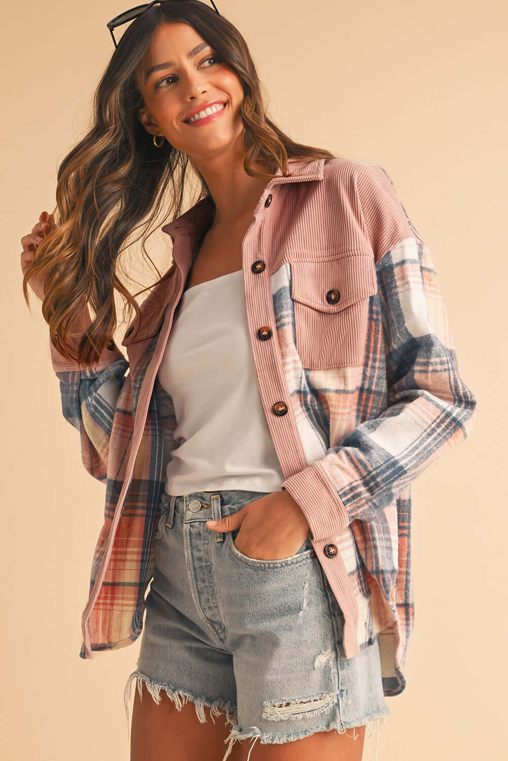 Relaxed fit corduroy shacket paired with denim shorts for an effortless outfit.