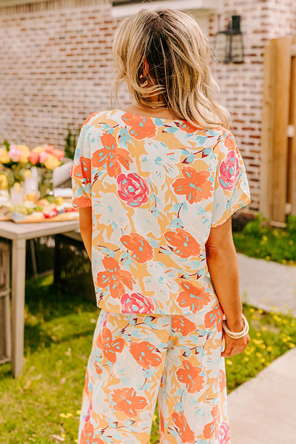 Sun-Kissed Floral Two-Piece Set – Vibrant & Comfortable. Back view.