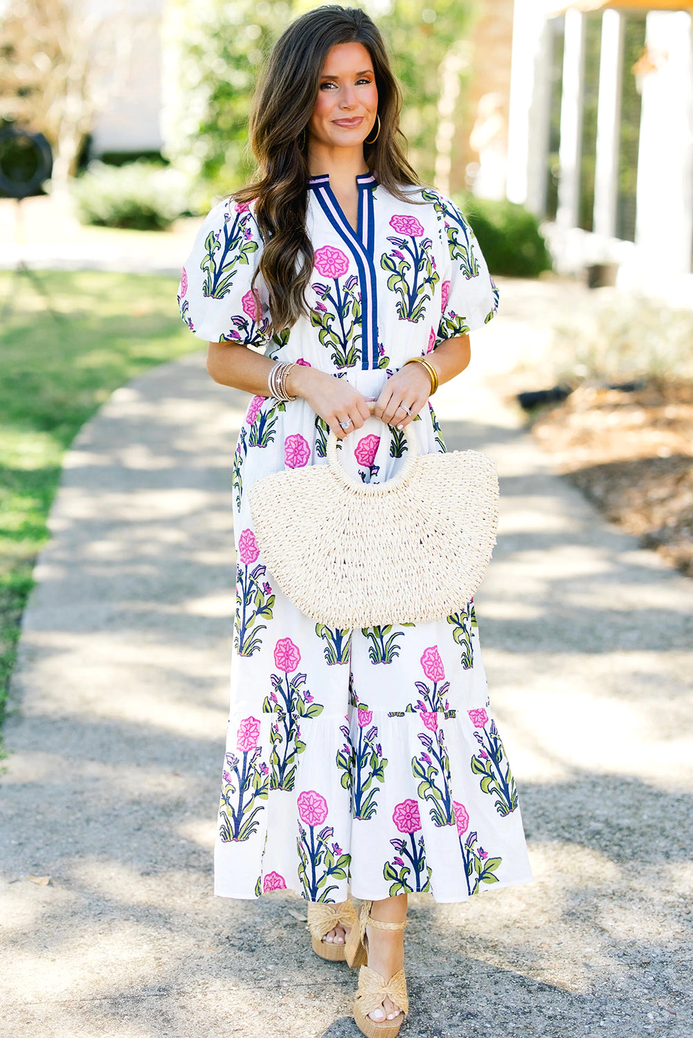 Sky Blue Floral Ruffle Midi Dress - white colour, outdoor setting.