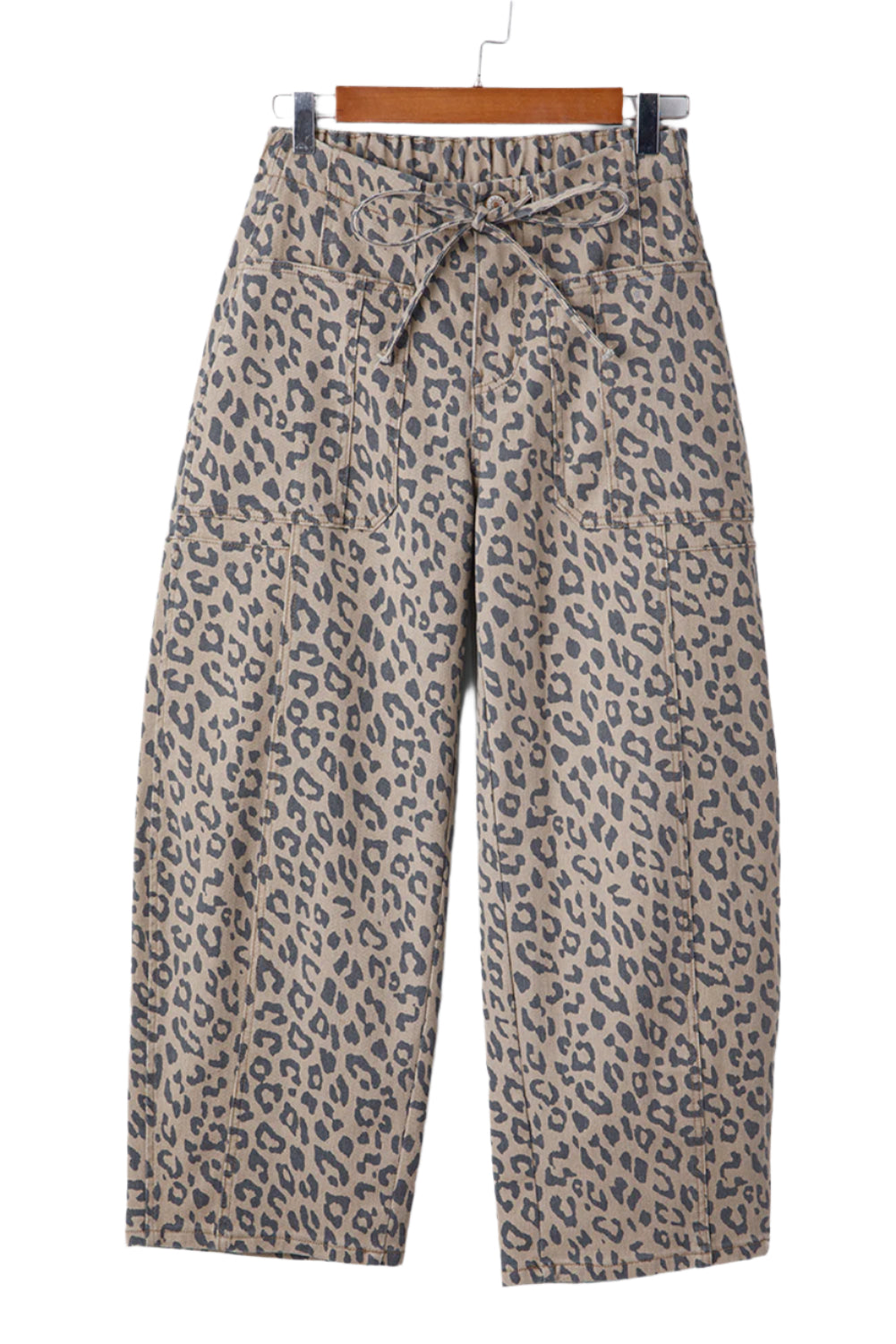 Wide Leg Leopard Jeans Women's - khaki colour, front view on hanger.
