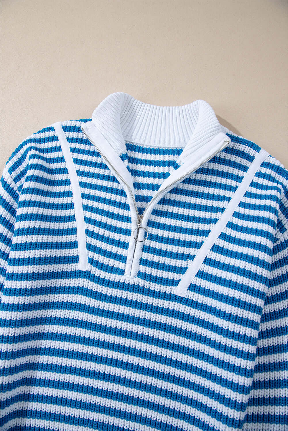 Women's Blue Striped Collar Jumper - Collar view, flat lay.