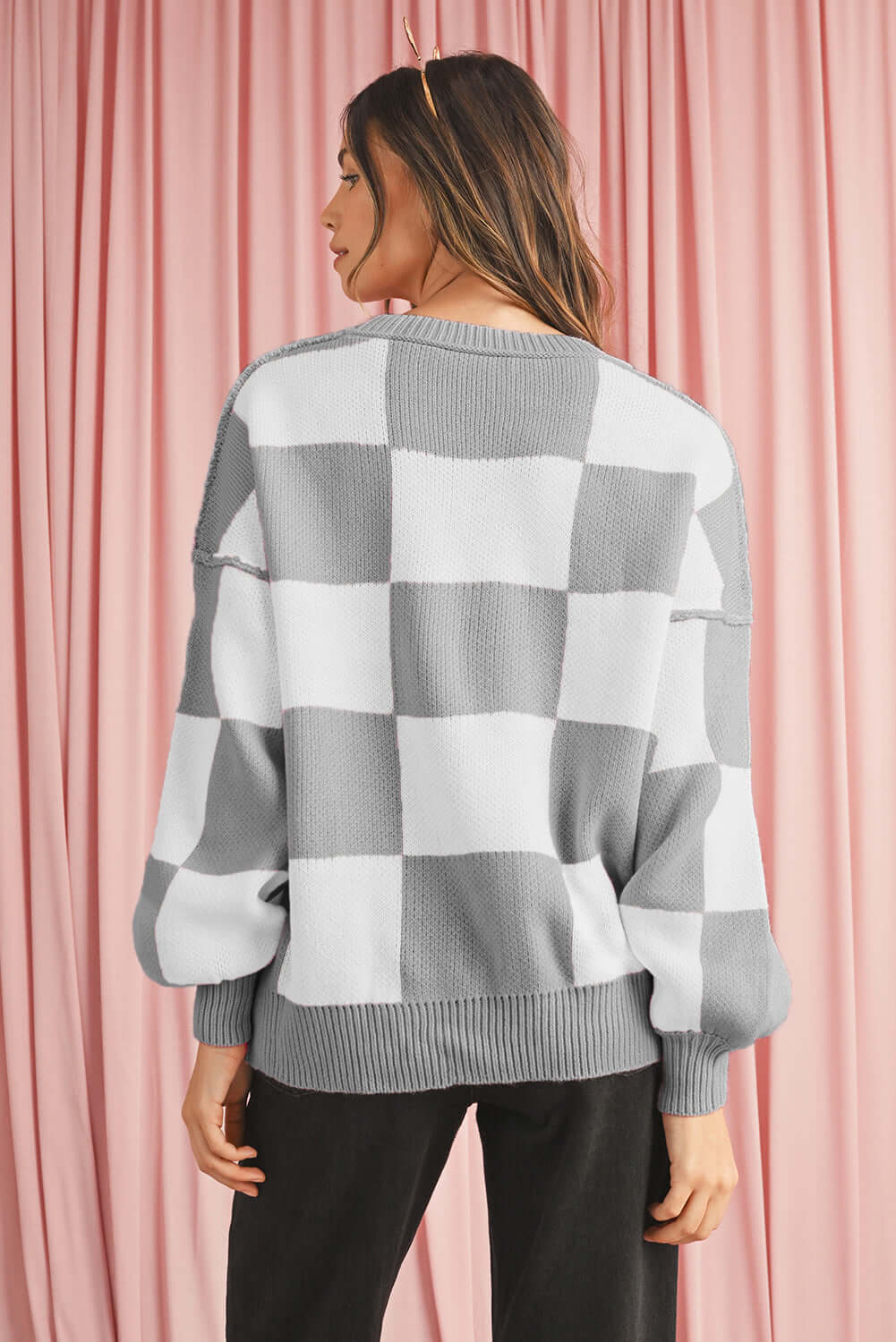 Women's Casual Check Knitted Jumper - Gray. Back view.