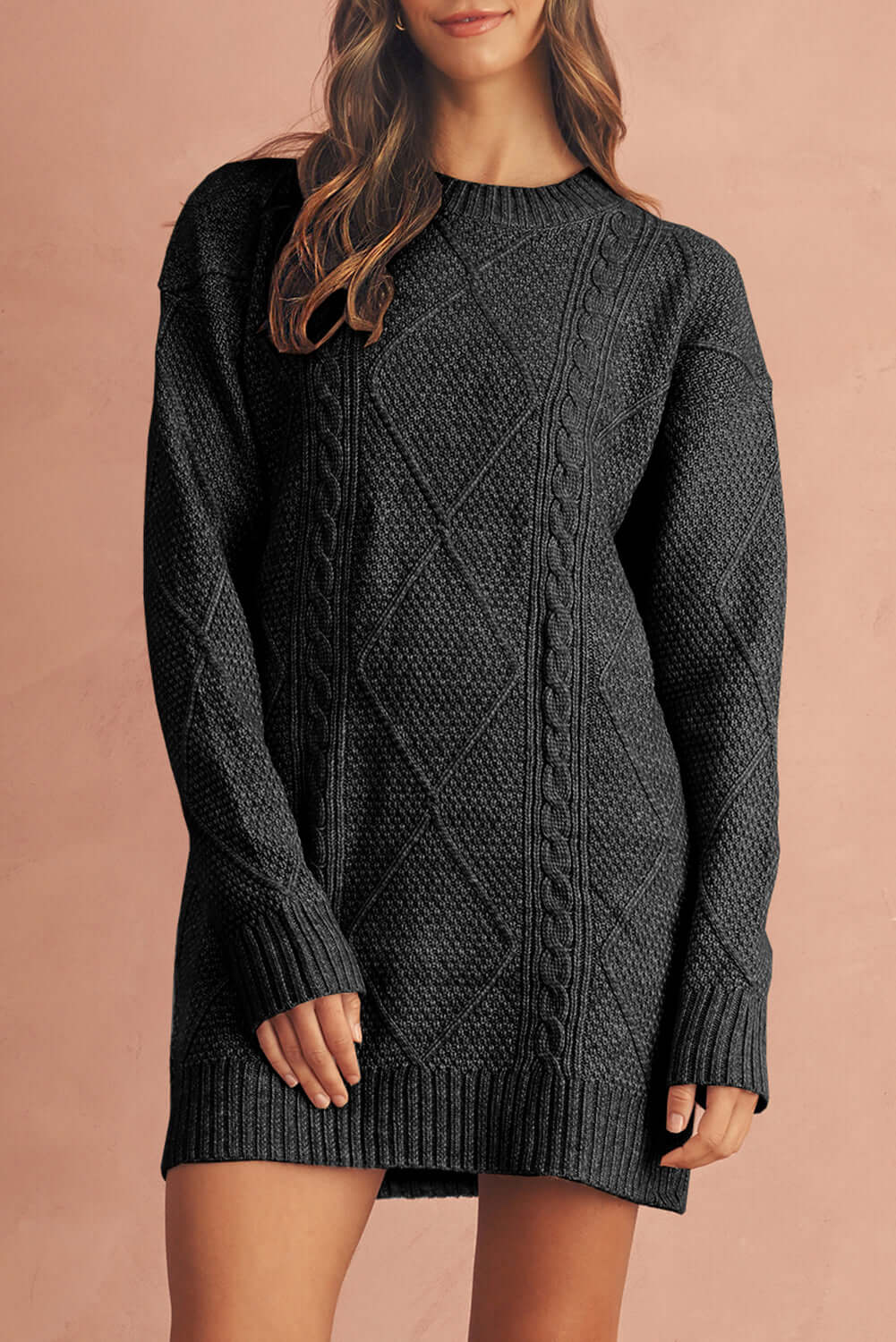 Women's Black Cable Knit Jumper Dress. Focus front view.