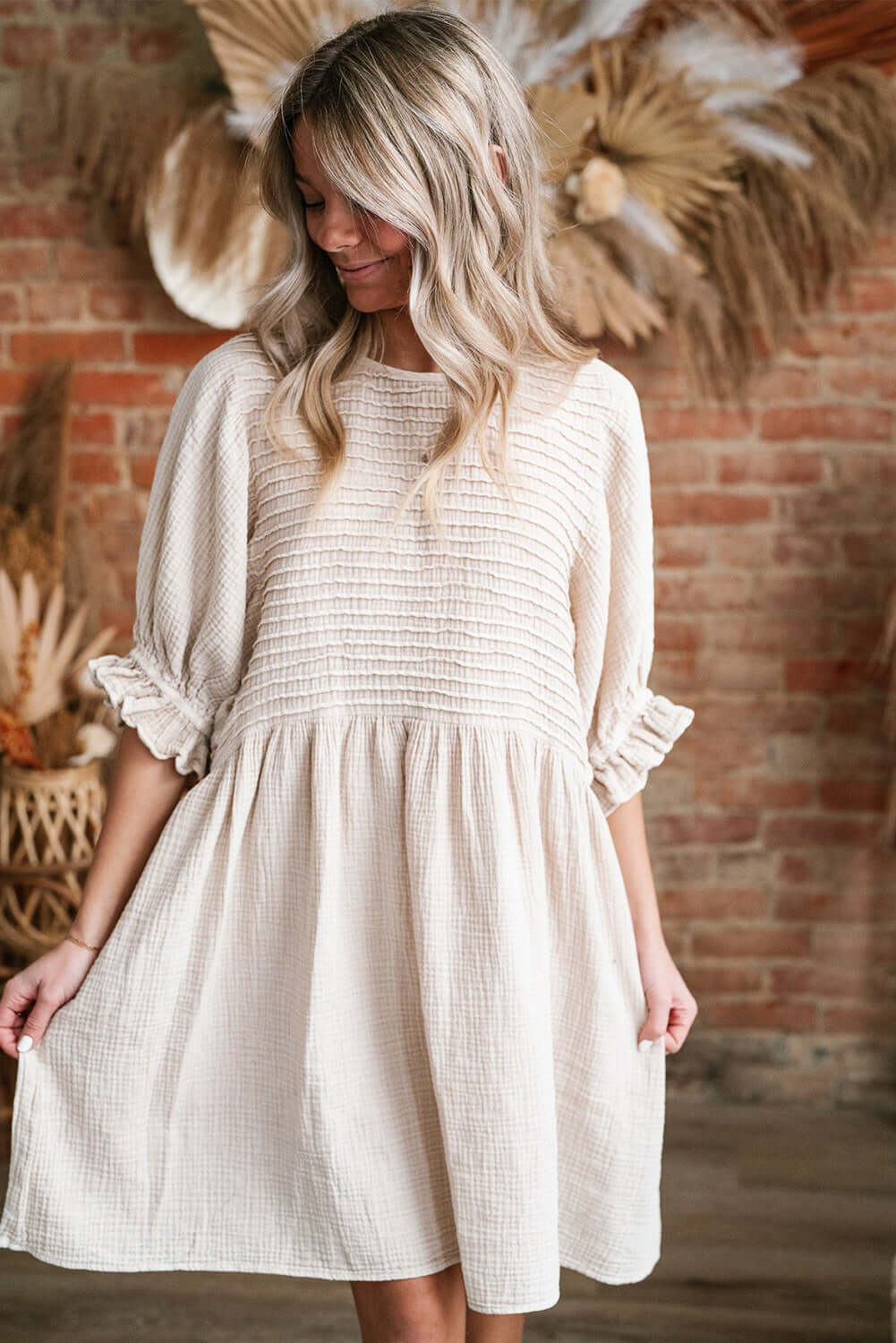 Cute Neutral Tone Loose Dress with Sleeves. Full view.