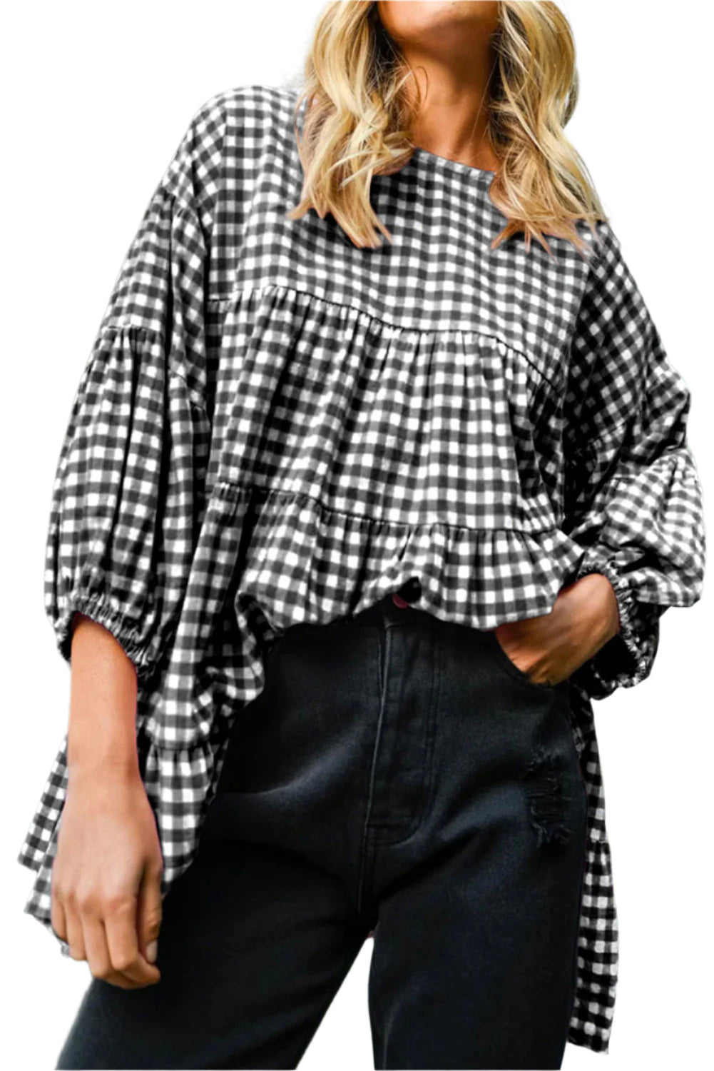 Black Plaid Tiered Oversized Blouse - Catherine Martin