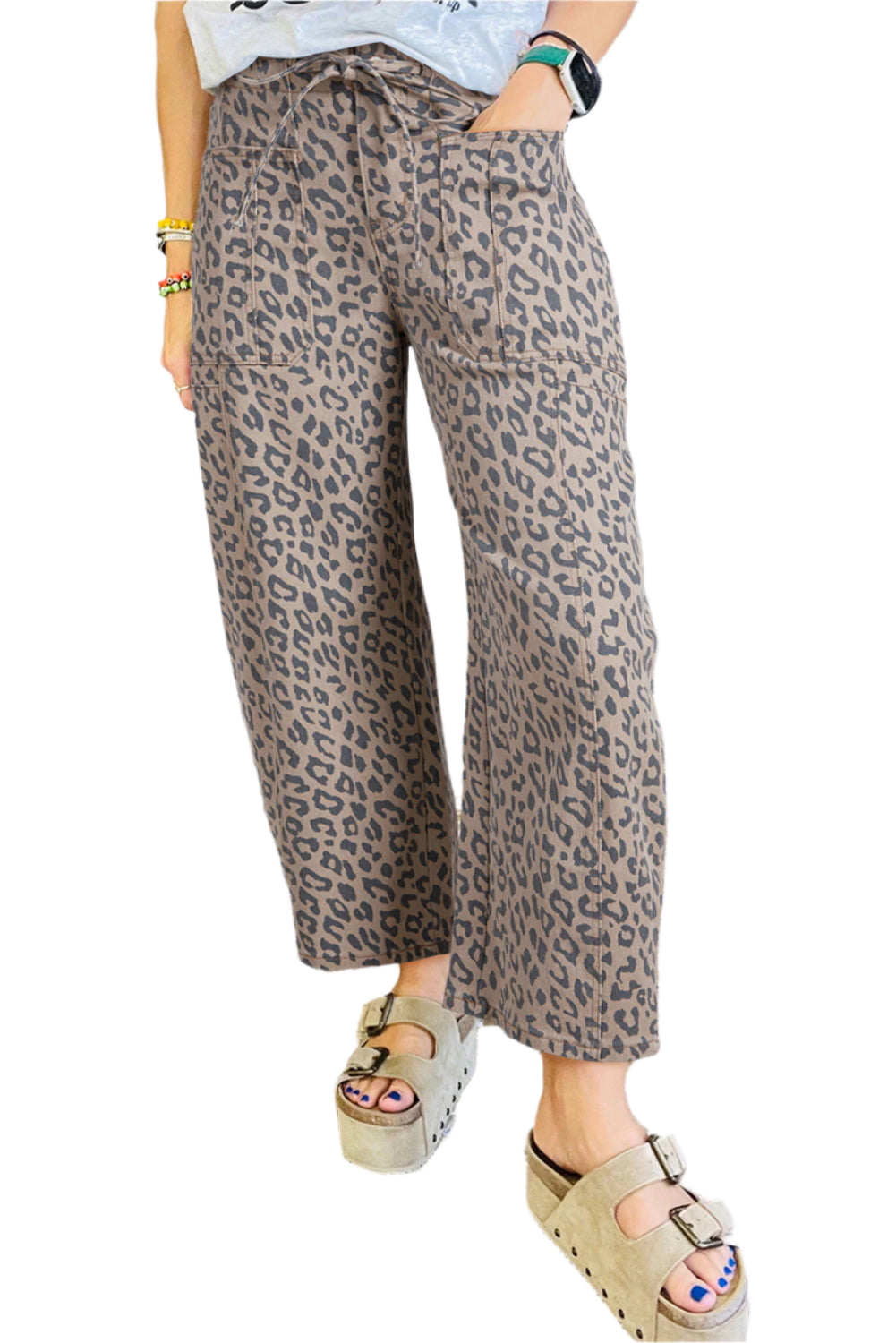 Wide Leg Leopard Jeans Women's - khaki colour, front view.