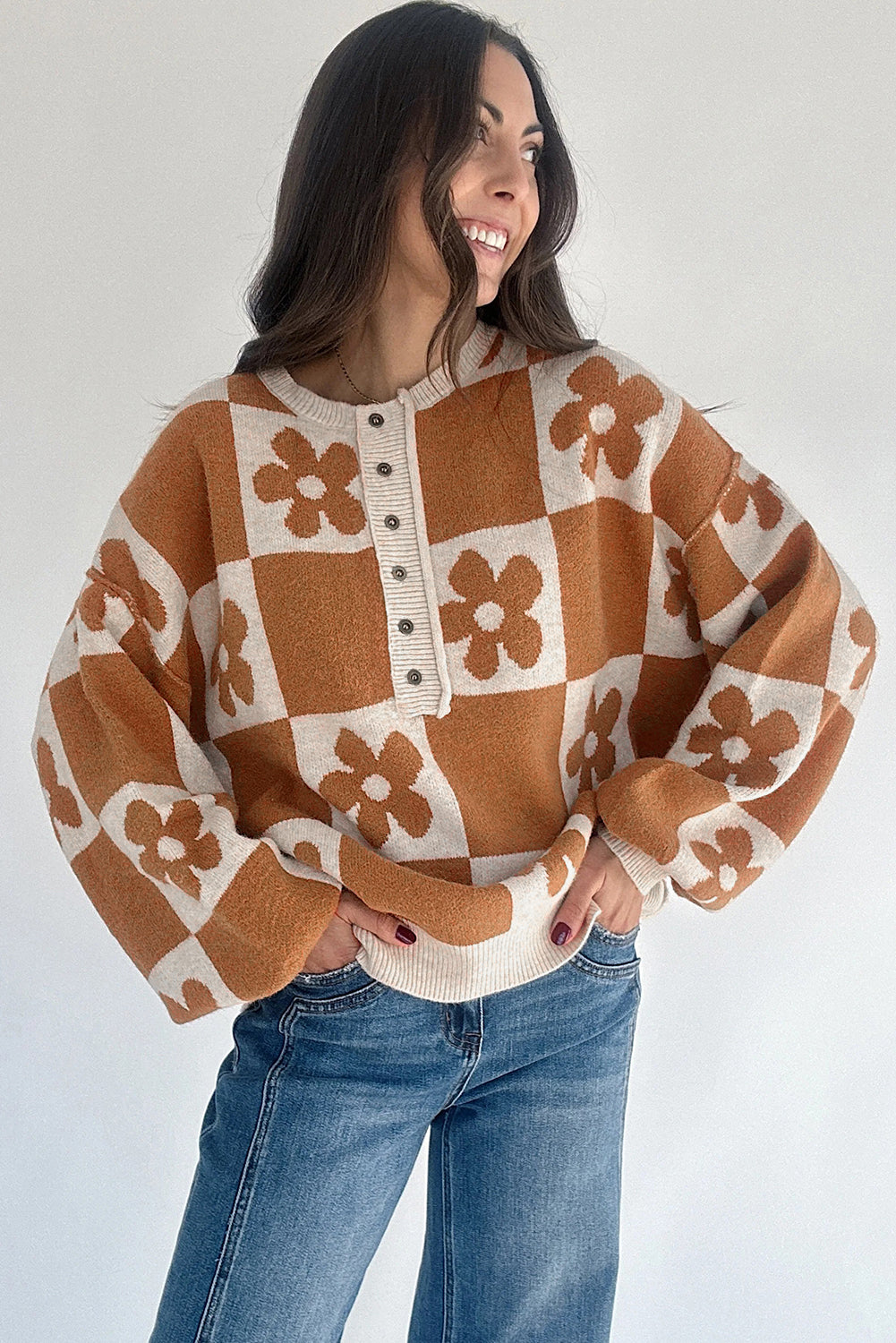 Floral Checkered Henley Sweater