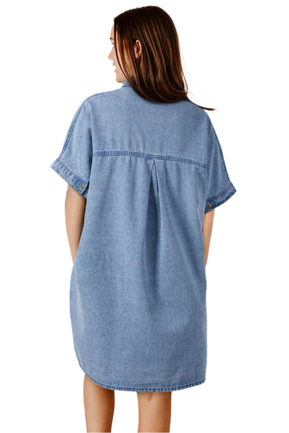 Relaxed Denim Shirt Dress for Ladies. Back view.