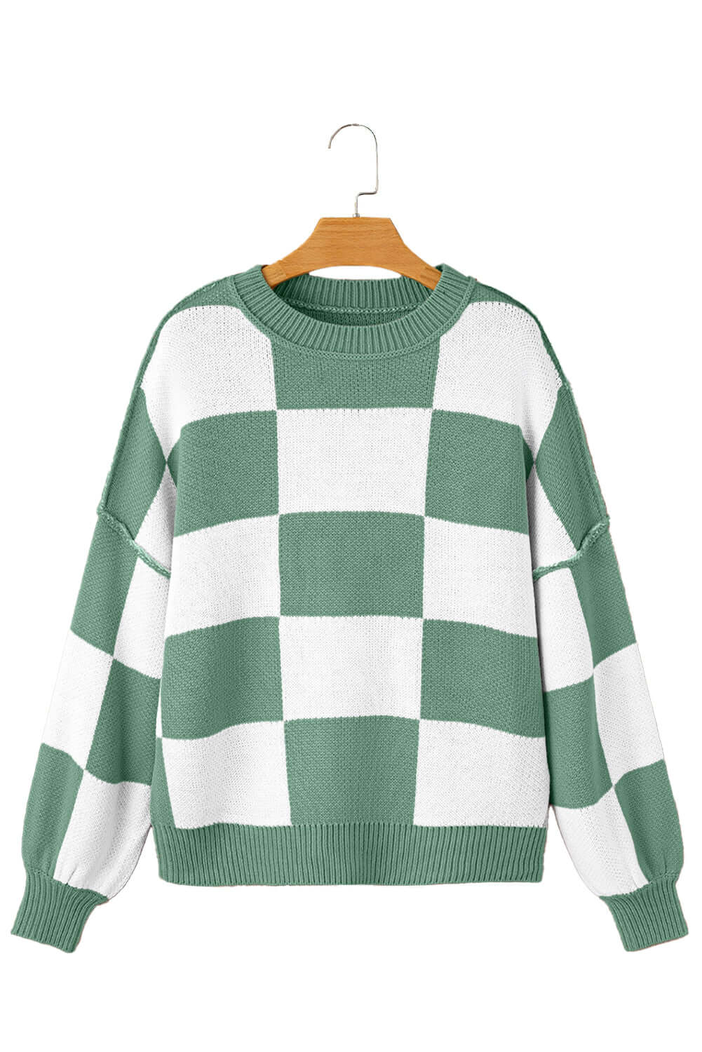 Women's Casual Check Knitted Jumper - Green. Front view against a white background.