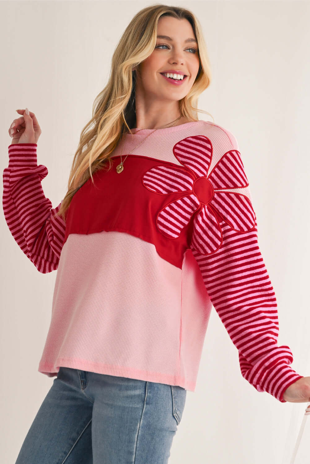 Red Pink Waffle Top with Flower Details - Catherine Martin