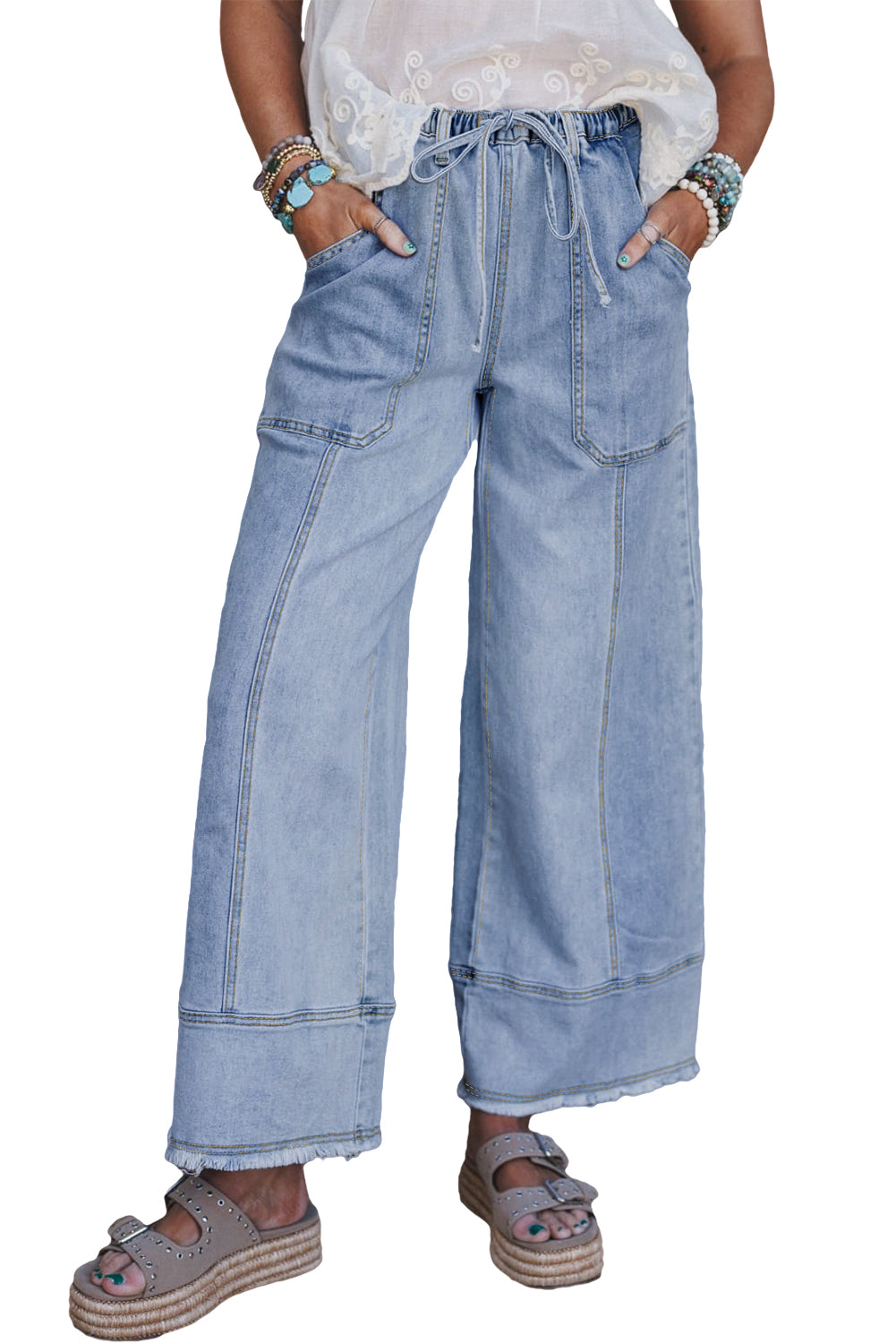 Light blue wide-leg jeans worn by a person on a white background