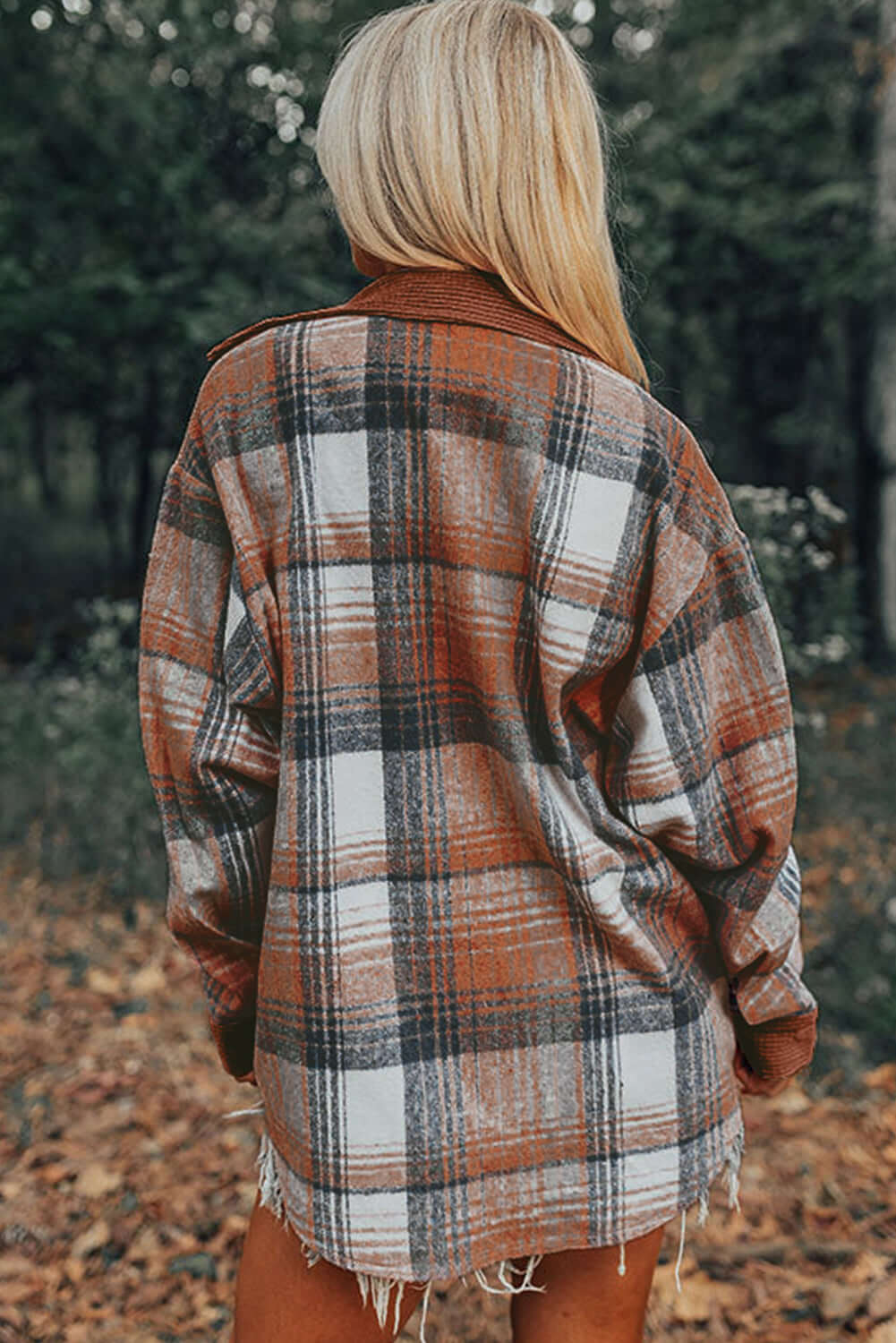 Aussie Chic Women’s Brown Plaid Corduroy Shirt . Back view.