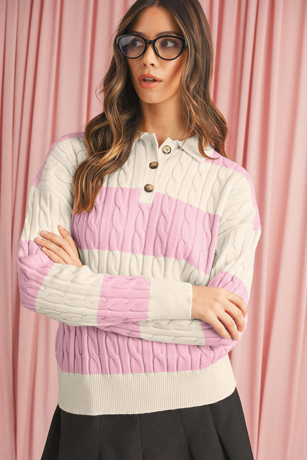 Model wearing Aussie Chic Cable Sweater – preppy and cozy autumn look.