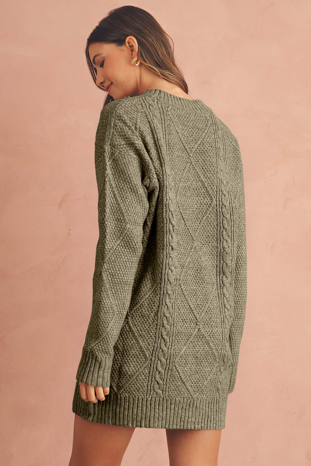 Women's Green Cable Knit Jumper Dress. Back view.