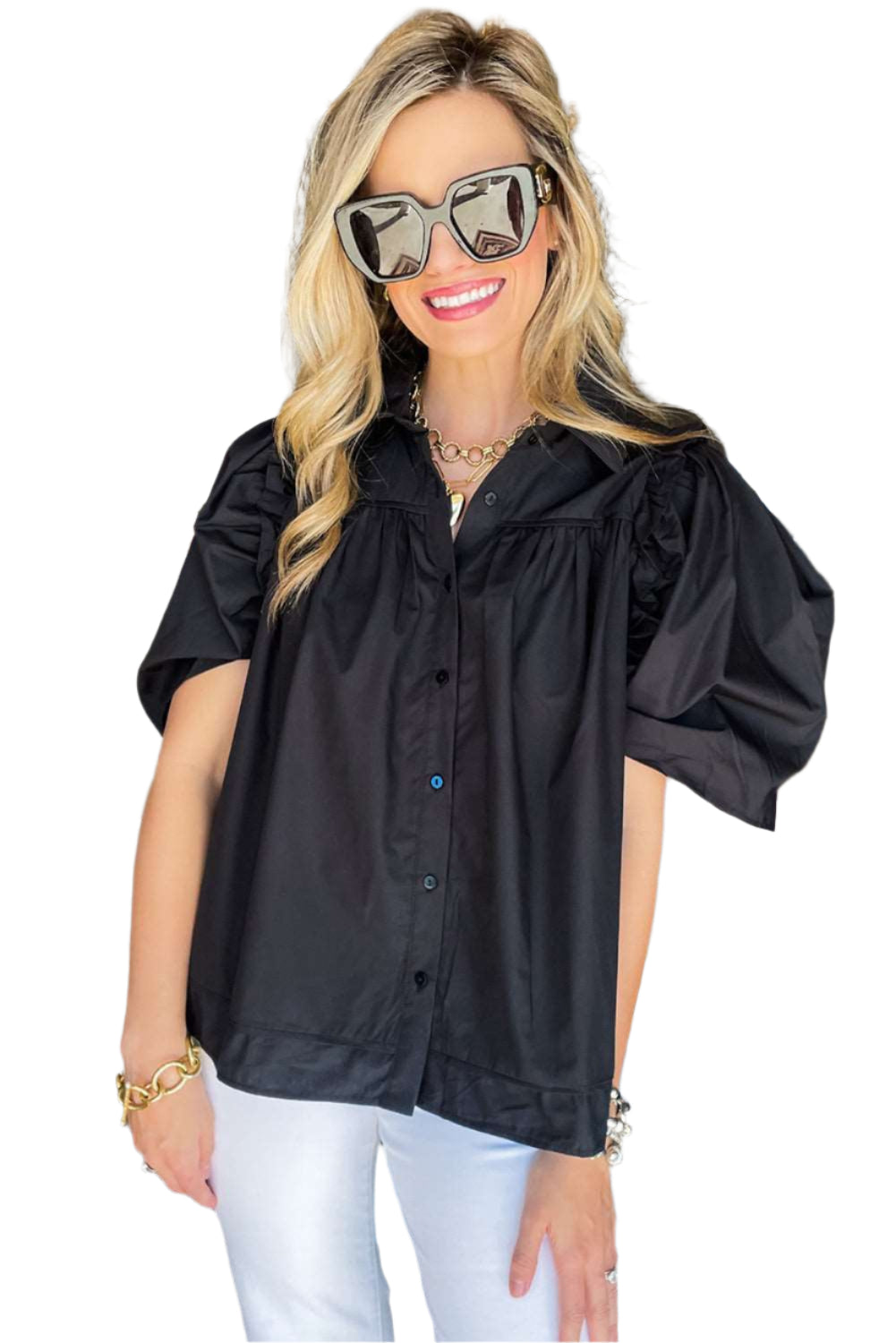 Black Ruched Puff Sleeve Blouse - Catherine Martin