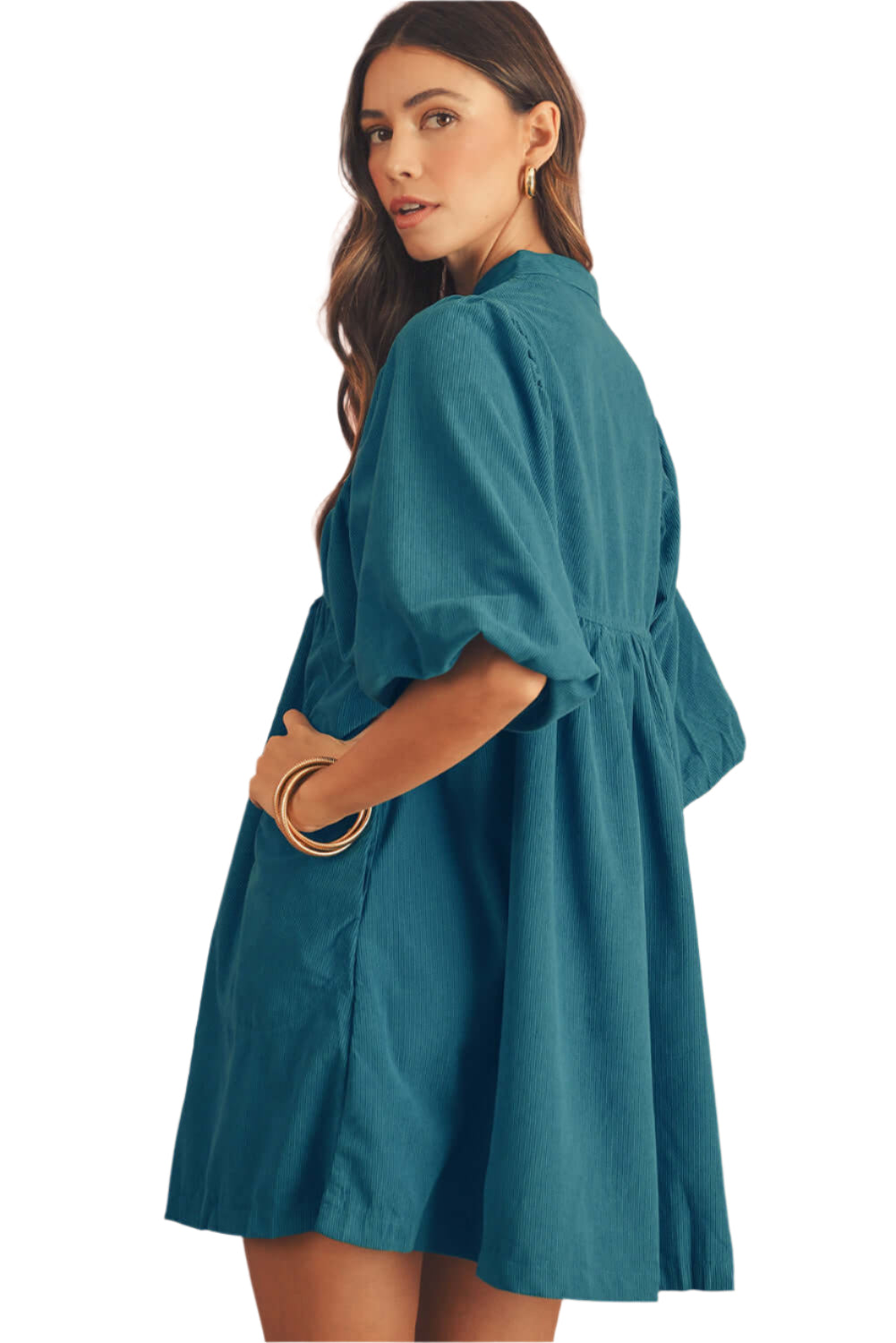 The side view of blue babydoll dress , featuring short lantern sleeves, perfect choice for party and casual social events.