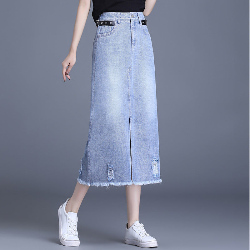 Korean Street Style Denim Midi Skirt -front view.