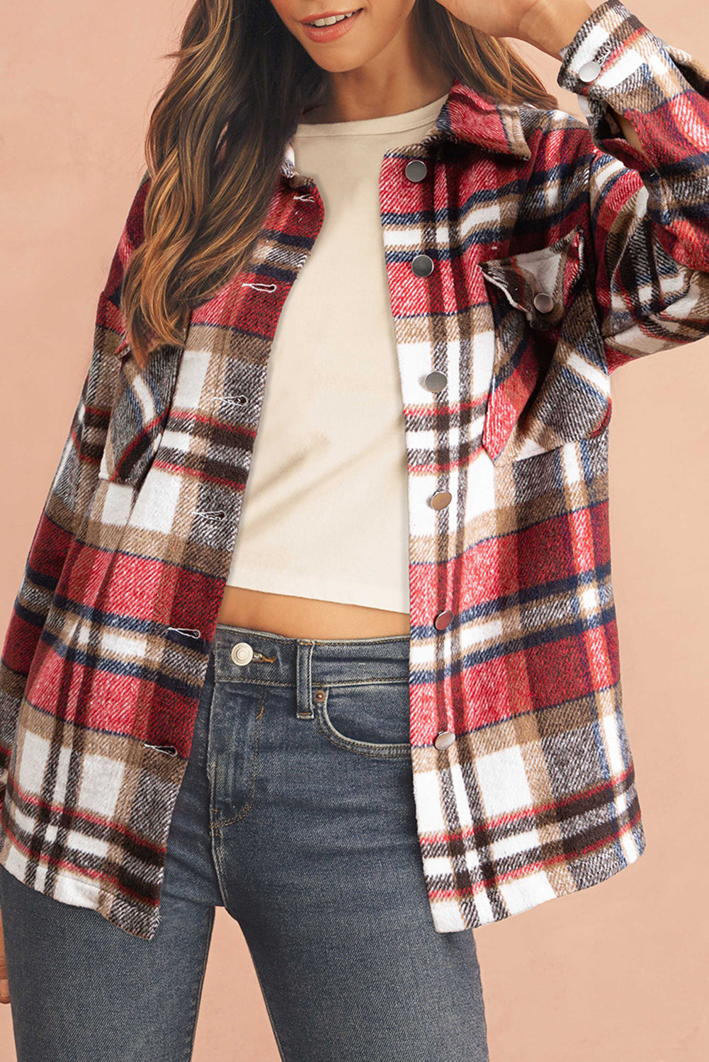 Women's Chic Plaid Flannel Shirt - Red colour. Front view.