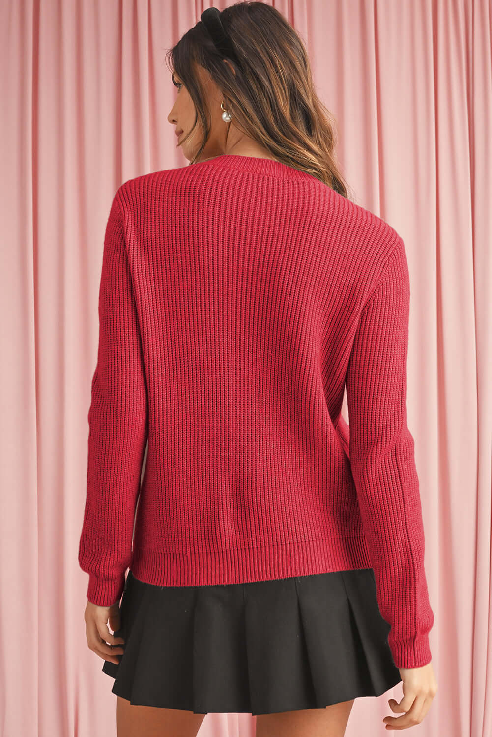 Ladies Cardigan with Bow Fronts. Red colour. Back view.