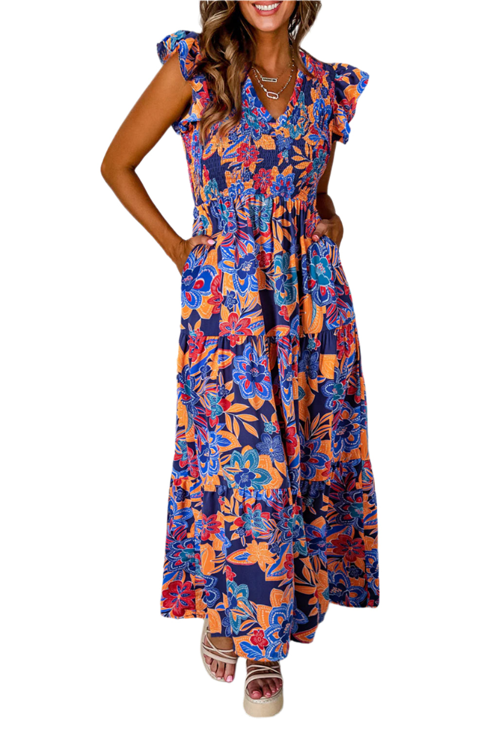 Dark Blue Floral Ruffle Dress - Catherine Martin