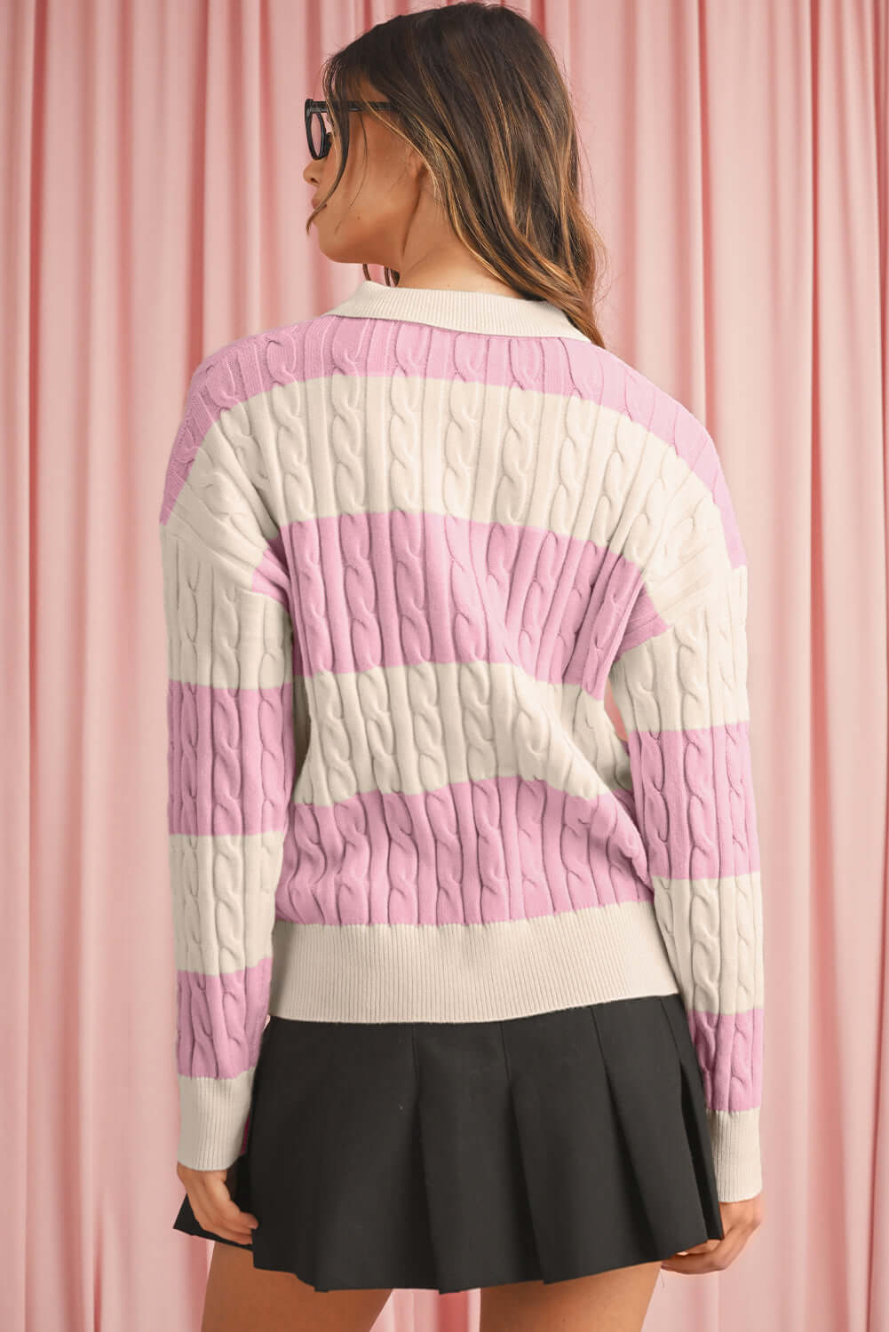 Aussie Chic Pink & Cream Cable Sweater. Back view.