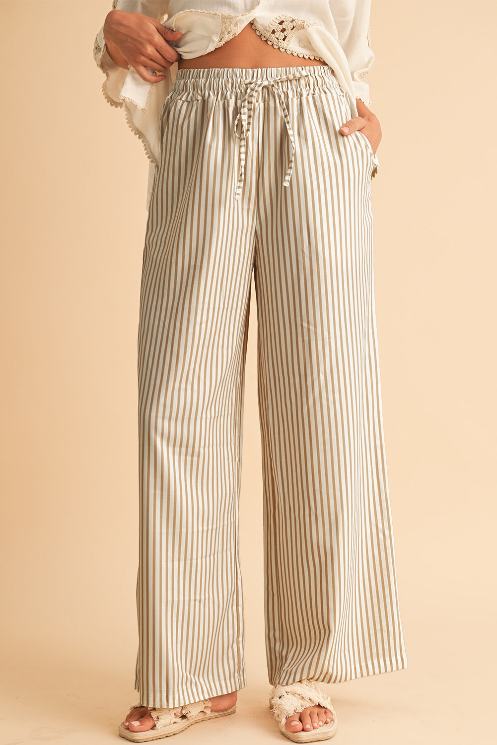 Khaki Striped Drawstring Waist Loose Pants - Catherine Martin