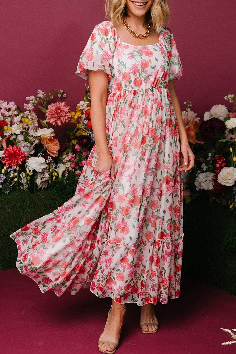 Elegant Pink Floral Puff Sleeve Dress - Catherine Martin