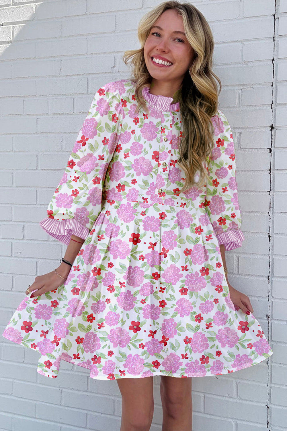 Floral Print Ruffle Neck Mini Dress