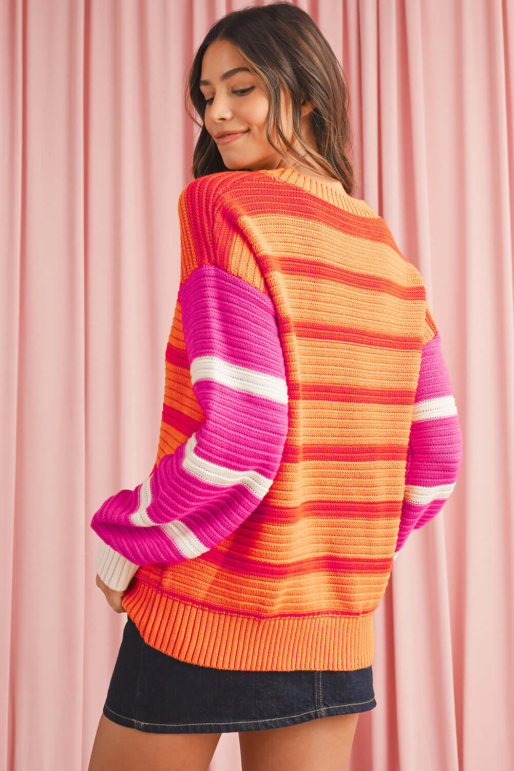 Colourful Striped Knit Jumper for Women. Back view.