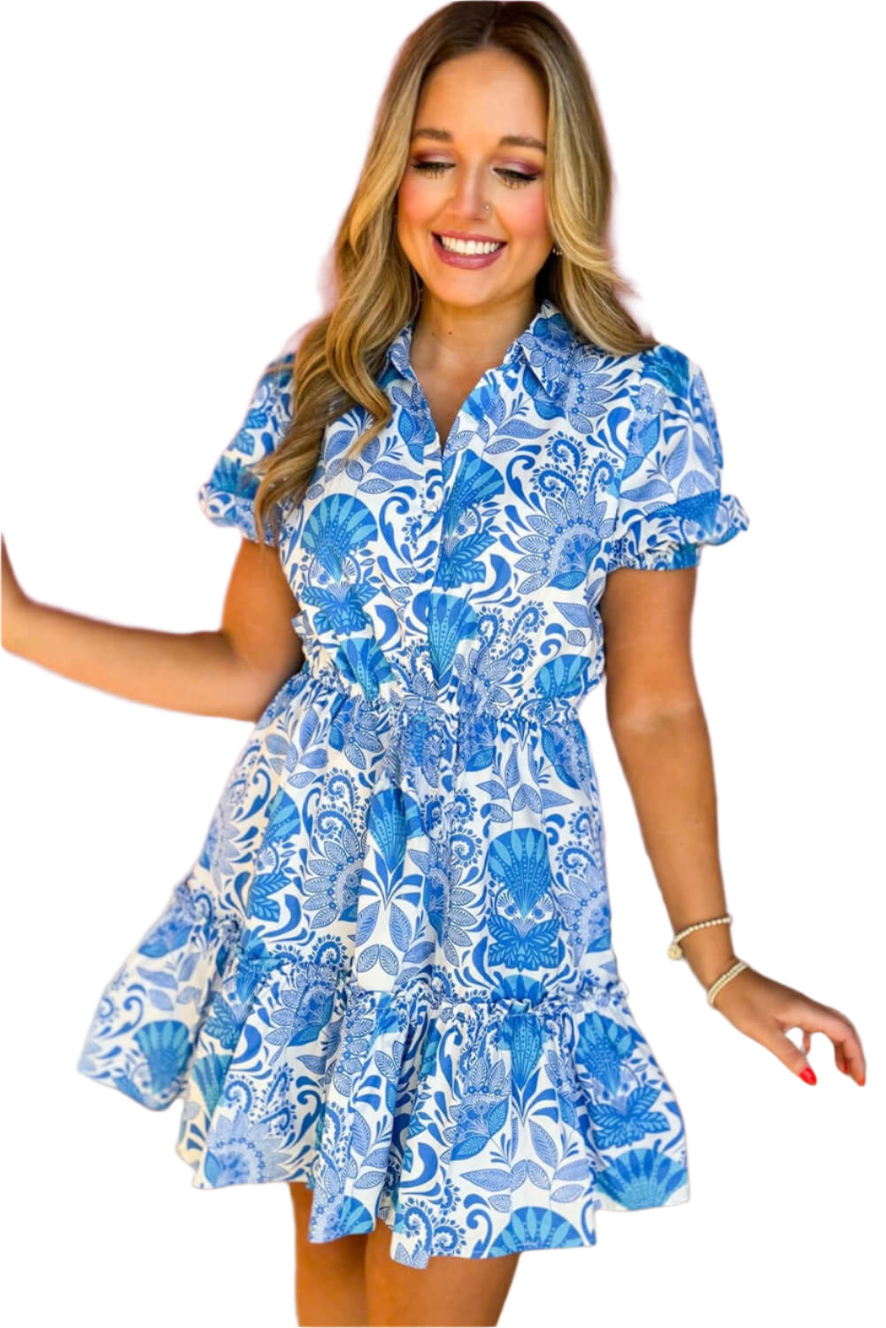 Front view of a model wearing a sky blue boho short sleeve frilled mini dress, ideal for summer occasions.
